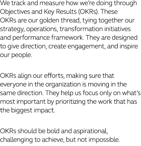 We track and measure how we re doing through Objectives and Key Results (OKRs)  These OKRs are our golden thread, tyi   