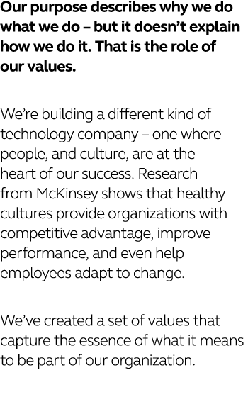 Our purpose describes why we do what we do   but it doesn t explain how we do it  That is the role of our values  We    
