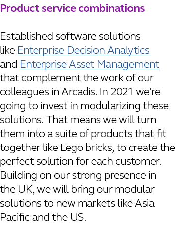 Product service combinations Established software solutions like Enterprise Decision Analytics and Enterprise Asset M   