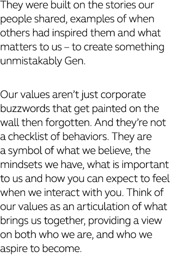 They were built on the stories our people shared, examples of when others had inspired them and what matters to us      