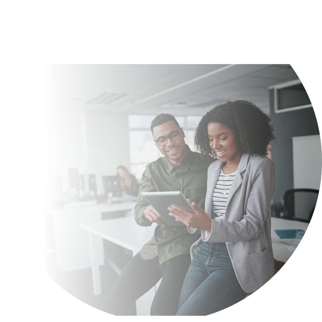 Successful african american business couple talking and using digital tablet